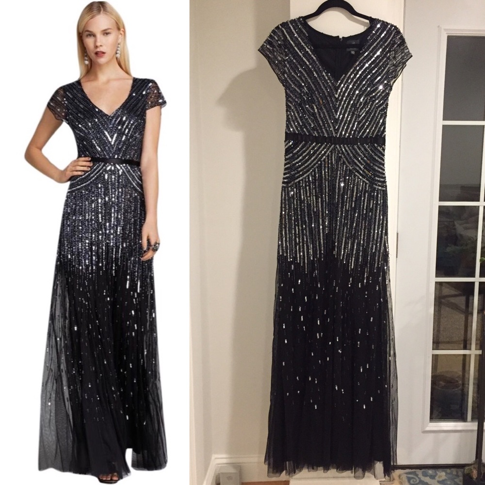 Adrianna Papell V Neck Beaded Gown Dress Formal